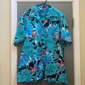 Vtg 70s Hilo Hattie bird of paradise Hawaiian-made button-front shirt size XL